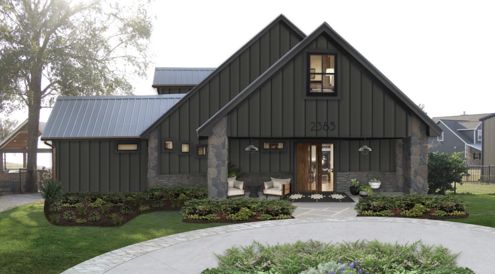 Stone home with a black base color.